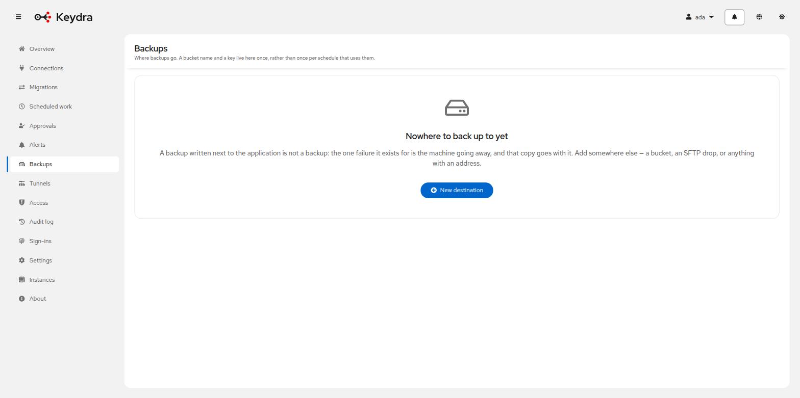 The Backups page with no destination added yet