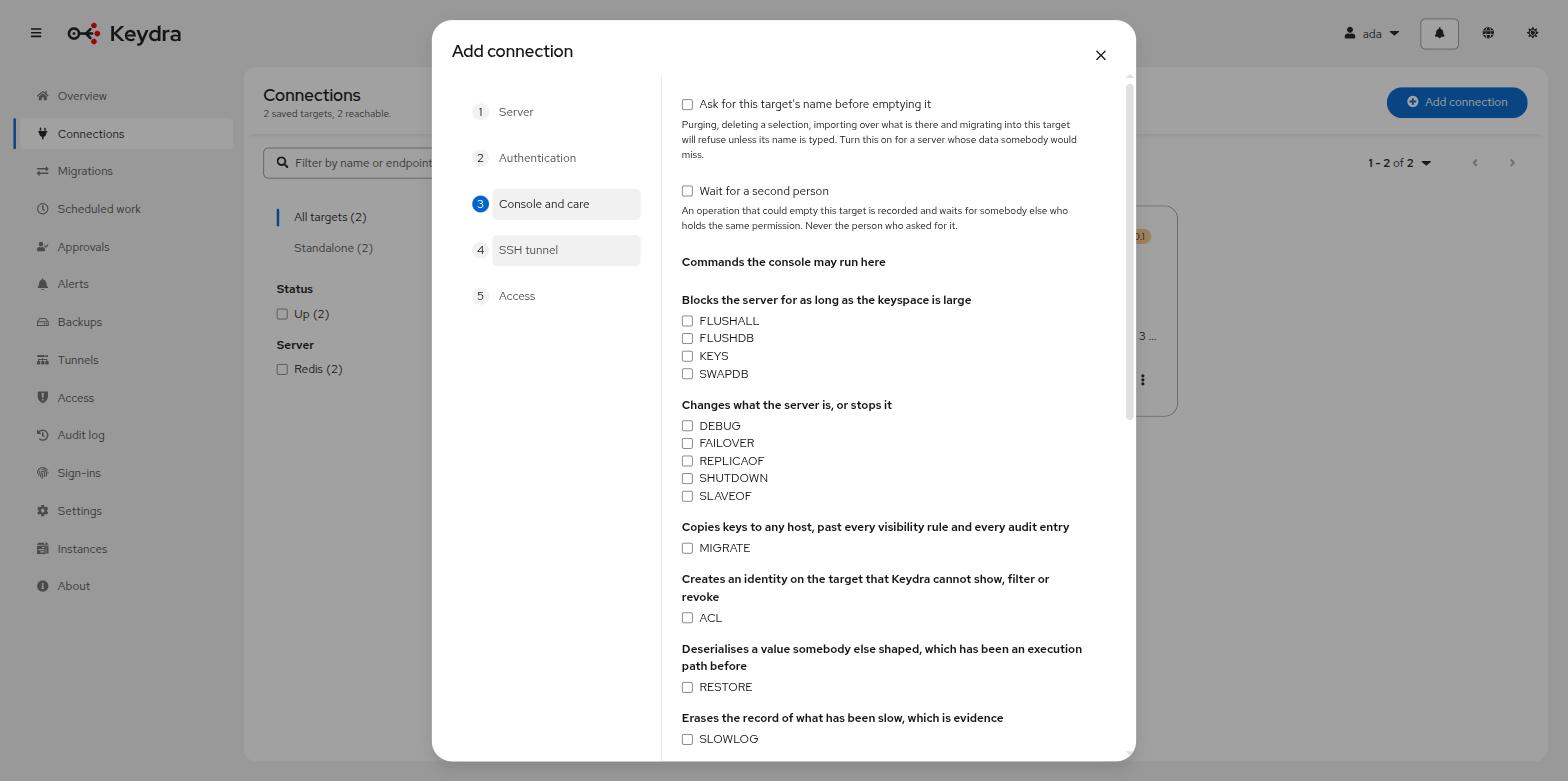 The Console and care step of the connection wizard, listing refused commands under the reason each is refused