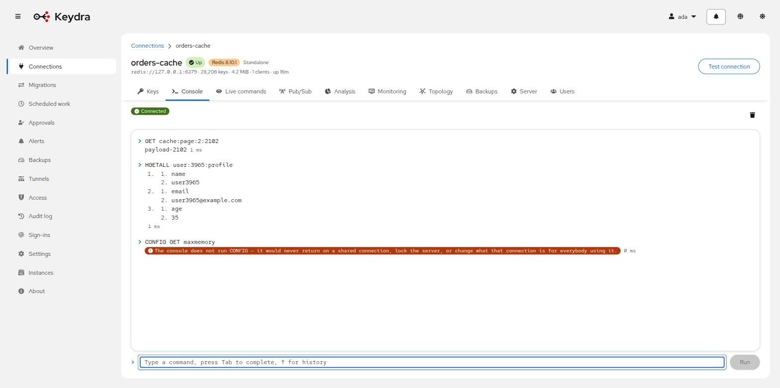 The console transcript, with two commands answered and a third refused with the reason
