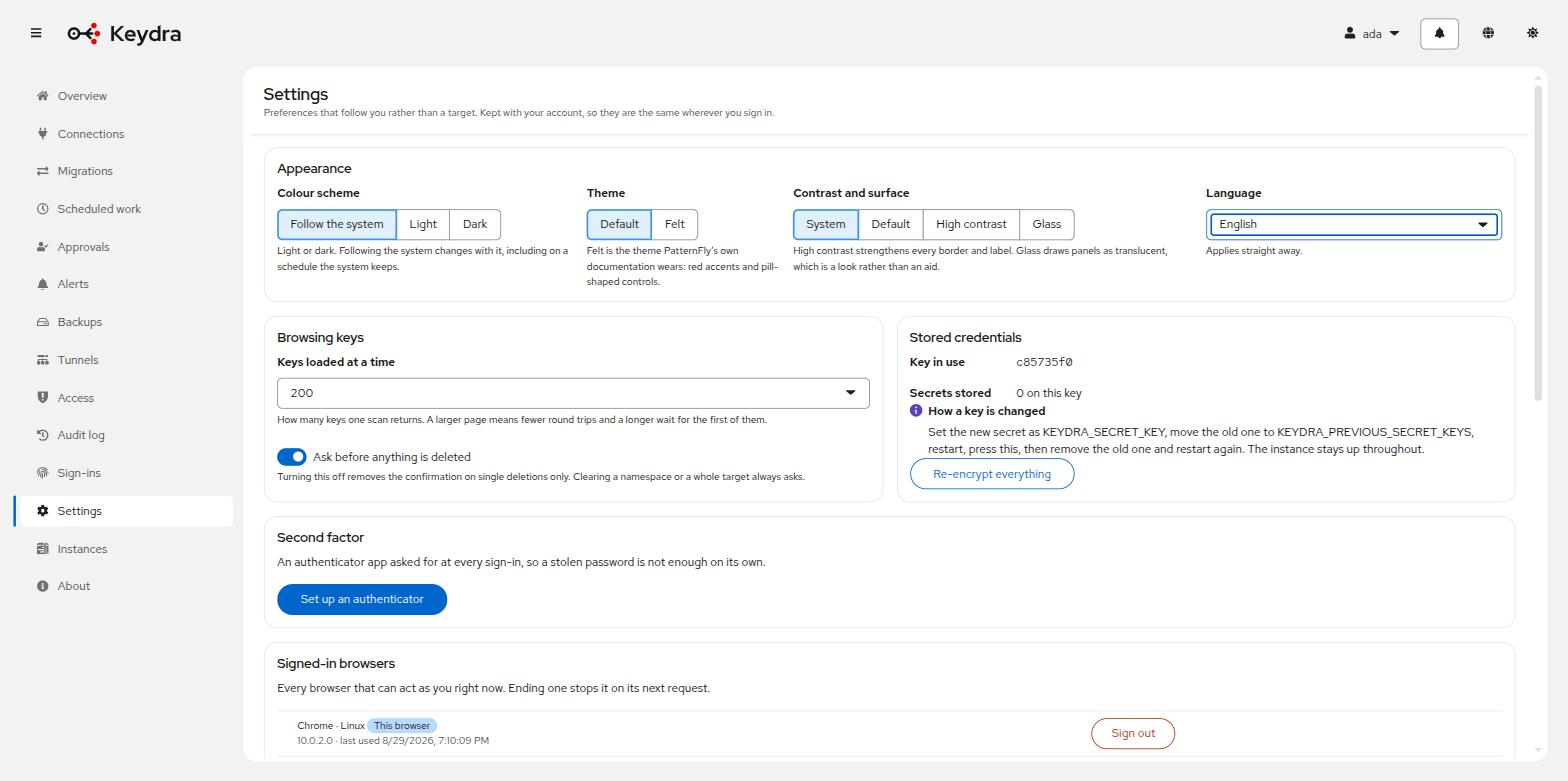 The Settings page, with appearance and key browsing preferences above stored credentials and the second factor