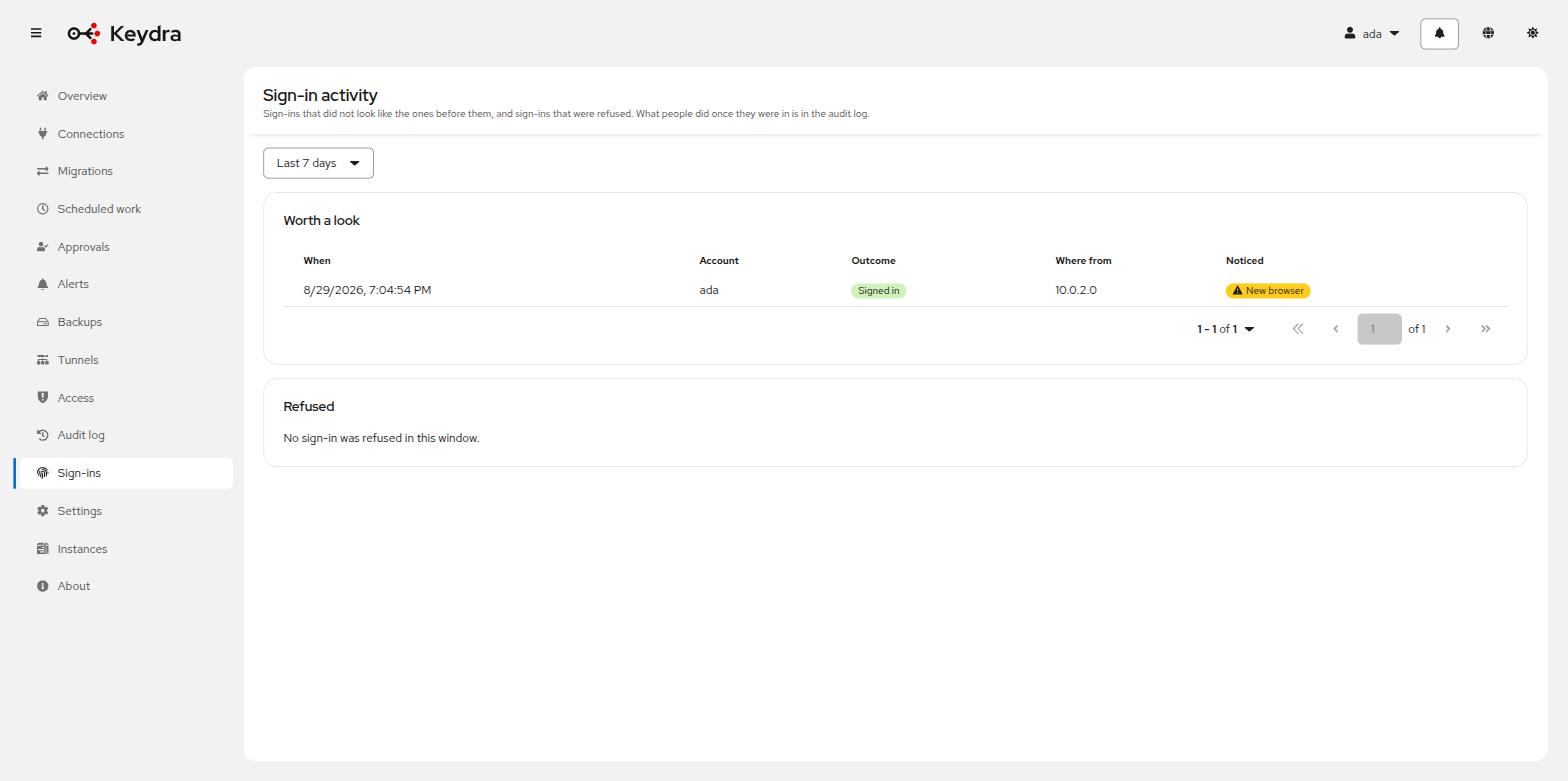 Sign-in activity, with one successful sign-in flagged as coming from a new browser