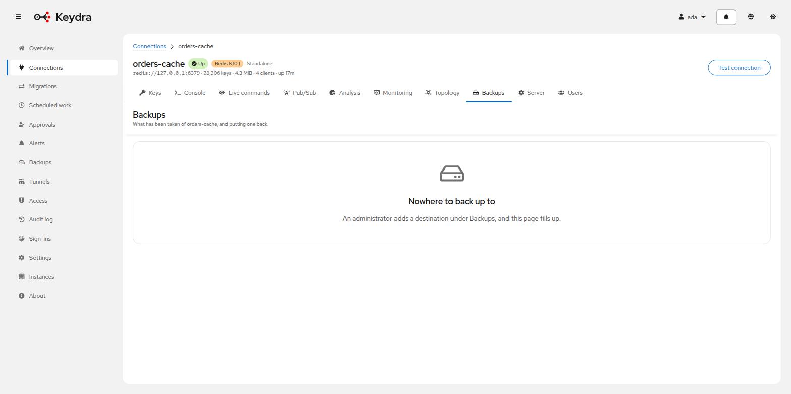 A target’s Backups tab with no destination configured yet