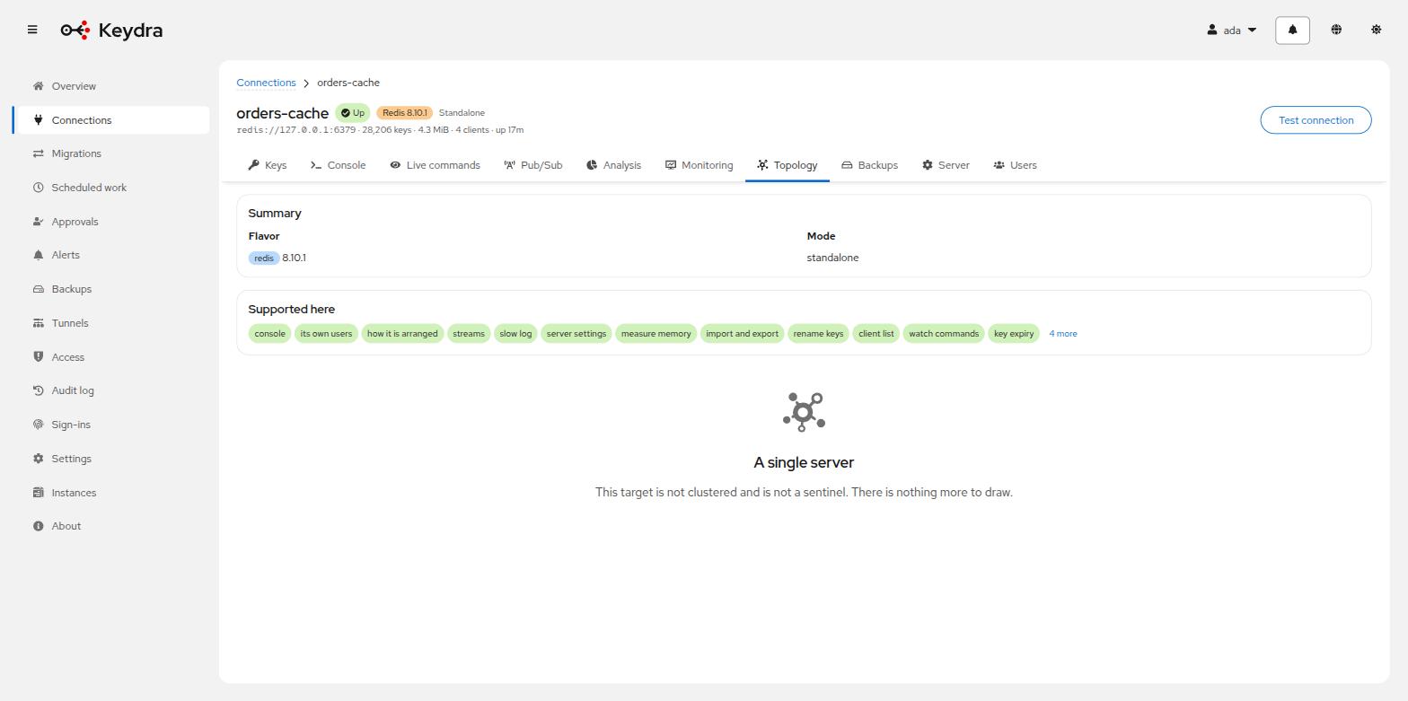 The topology of a single server, with its flavour, mode and the operations it supports